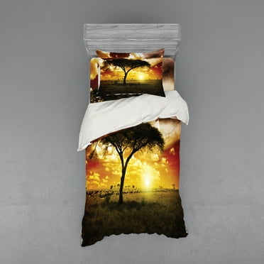 Ambesonne African Bedding Set 3 Pcs, Sunset in Savannah Animal, Twin, White Green Red