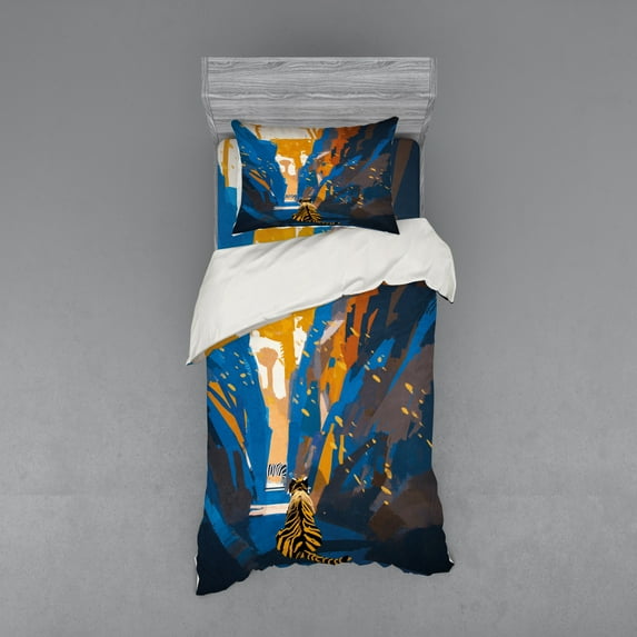 Ambesonne African Bedding Set 3 Pcs, Tiger Striped in City, Twin, Orange Blue