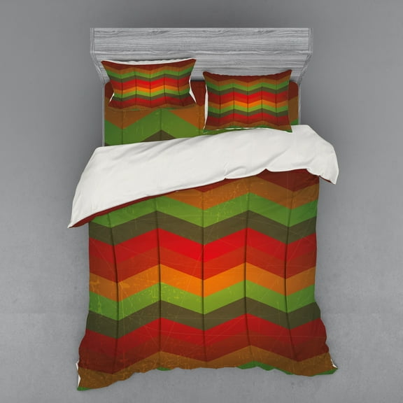 Ambesonne African Bedding Set 4 Pcs, Abstract Zigzag Striped, Queen, Forest Green Orange