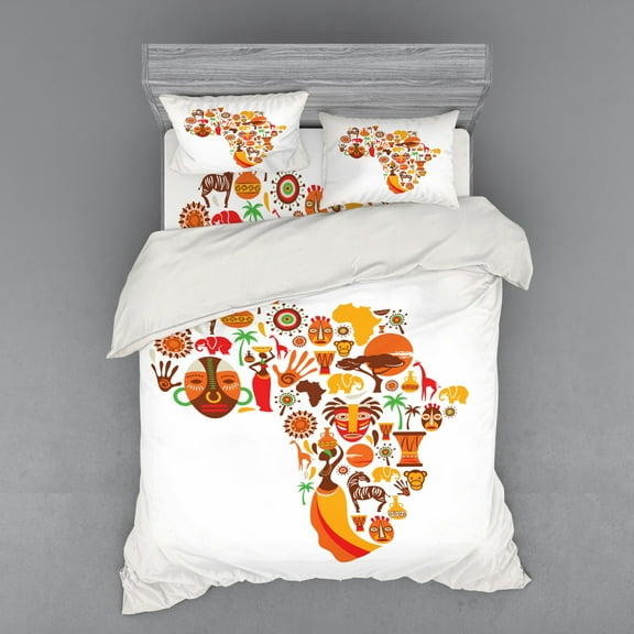 Ambesonne African Bedding Set 4 Pcs, Map, Queen, Orange Brown