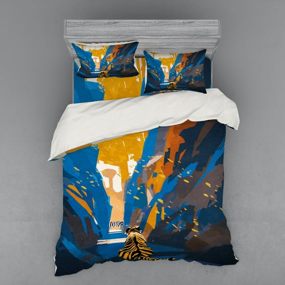 Ambesonne African Bedding Set 4 Pcs, Tiger Striped in City, Queen, Orange Blue