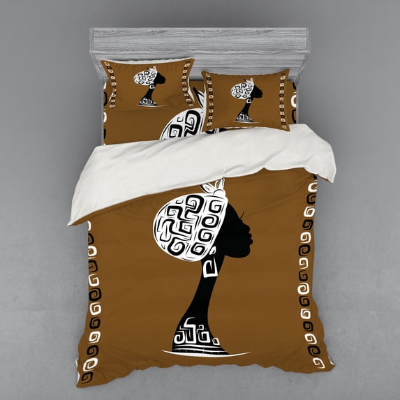 Ambesonne African Bedding Set 4 Pcs, Woman in Culture Clothes, Queen, Brown White Black