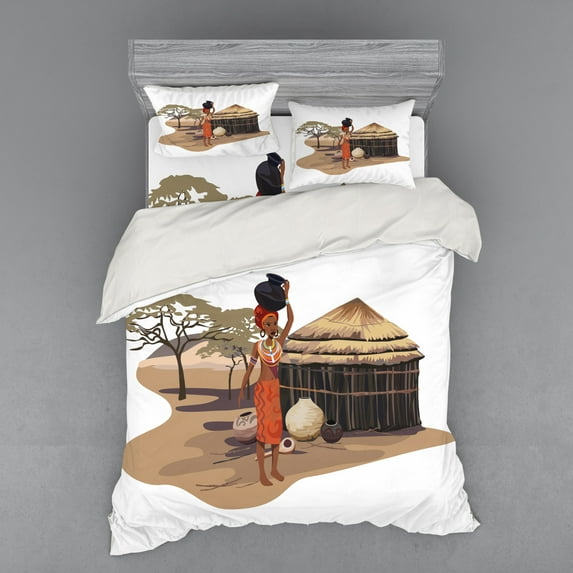 Ambesonne African Bedding Set 4 Pcs, Woman with Pot, Queen, Multicolor