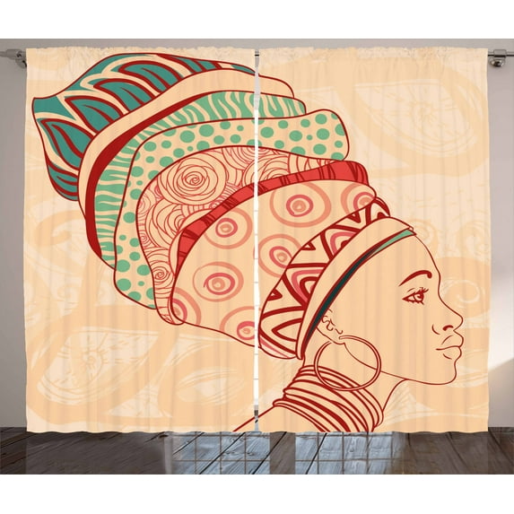 Ambesonne African Curtains 2 Panel Set, Female Turban, 108" x 96", Peach Red Teal