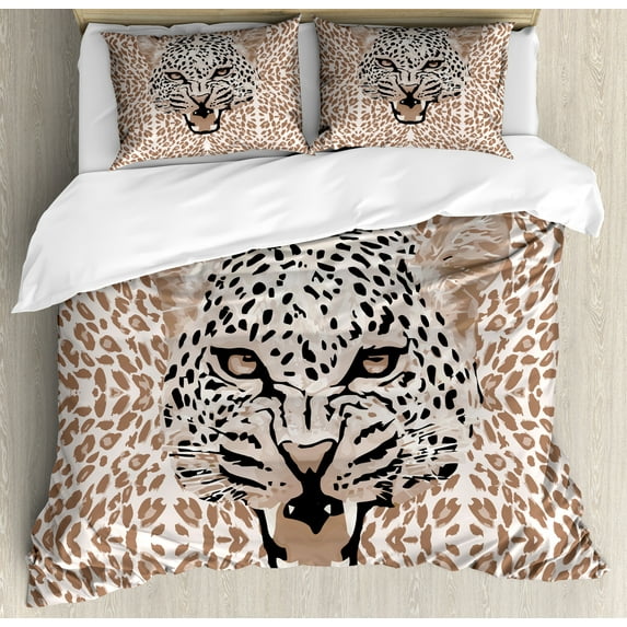 Ambesonne African Duvet Cover Set, Roaring Wild Leopard, Calking, Cocoa Beige Black