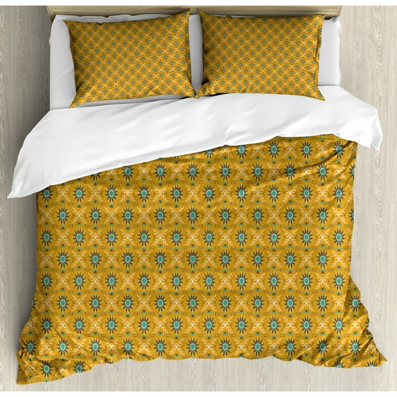 Ambesonne African Duvet Cover Sets, Doodles of Ornate Motifs, 2-Queen, Camel and Sea Blue