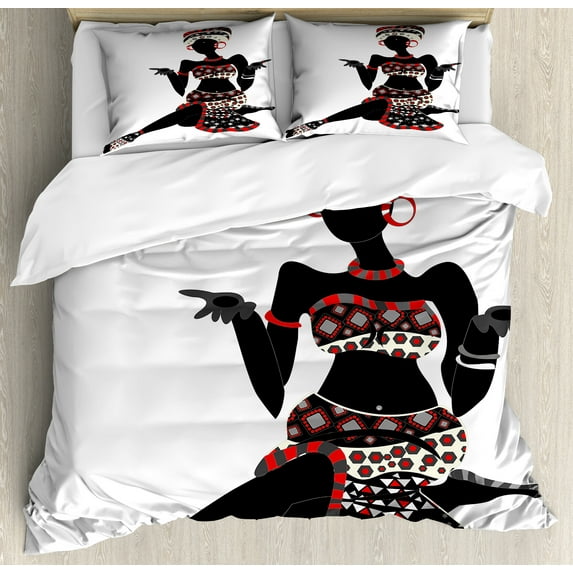 Ambesonne African Duvet Cover Sets, Dress Lady, 2-Queen, Charcoal Grey Vermilion