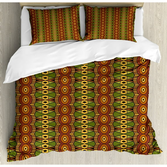 Ambesonne African Duvet Cover Sets, Folkloric Vertical Borders, 2-Queen, Green Brown Yellow