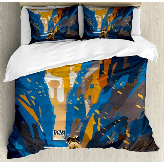 Ambesonne African Duvet Cover Sets, Tiger Striped in City, 2-King, Orange Blue