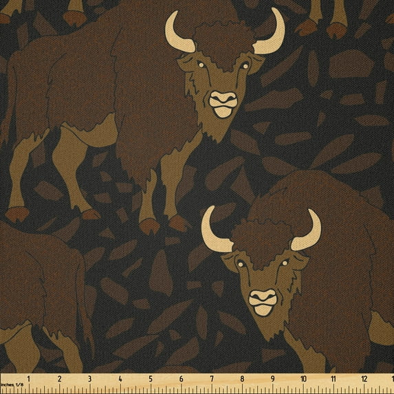 Ambesonne African Fabric by the Yard Microfiber, Buffaloes Whimsical Shapes, 2 Yards, Dark Rosewood Pale Camel