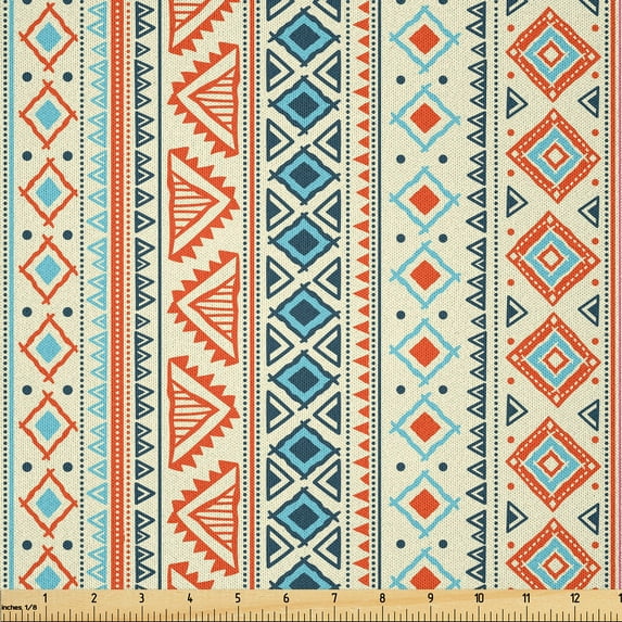 Ambesonne African Fabric by the Yard Microfiber, Folk Borders, 2 Yards, Orange Blue Pale Yellow