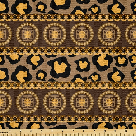 Ambesonne African Fabric by the Yard Microfiber, Leopard Skin Ornaments, 1 Yard, Umber Brown Marigold