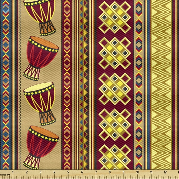 Ambesonne African Fabric by the Yard Upholstery, Djembe Drums Geometric, 3 Yards, Multicolor