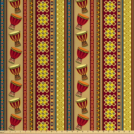 Ambesonne African Fabric by the Yard Upholstery, Ethnic Musical Instrument, 5 Yards, Multicolor