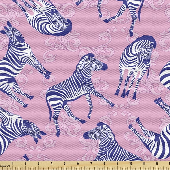 Ambesonne African Fabric by the Yard Upholstery, Zebras Floral Silhouettes, 1 Yard, Soft Pink and Dark Lavender