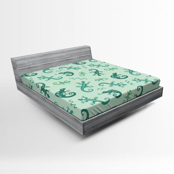Ambesonne African Fitted Sheet, Exotic Lizard Reptile, Full Size, Green Mint