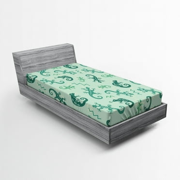 Ambesonne African Fitted Sheet, Exotic Lizard Reptile, Twin Size, Green Mint
