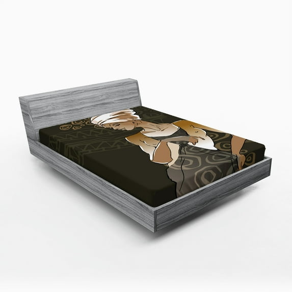 Ambesonne African Fitted Sheet, Lady in Ethnic Ornaments, Full Size, Taupe Pale Brown
