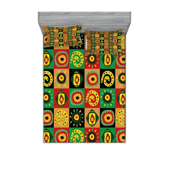 Ambesonne African Fitted Sheet & Pillow Sham Set, Trippy, Full, Multicolor