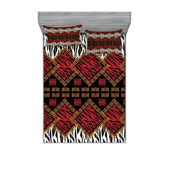 Ambesonne African Fitted Sheet & Pillow Sham Set, Wildlife Animal Skin, King, Brown and Red