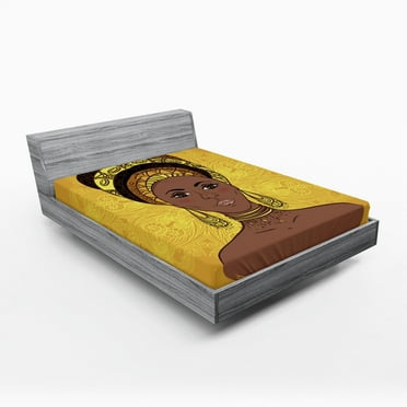Ambesonne African Fitted Sheet, Portrait, Queen Size, Yellow Brown Cocoa