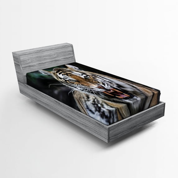 Ambesonne African Fitted Sheet, Roaring Tiger Wildlife, Twin XL Size, Multicolor