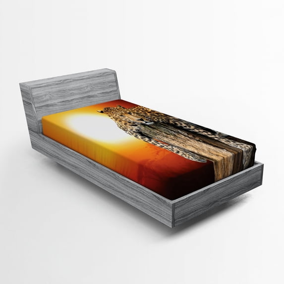 Ambesonne African Fitted Sheet, Savannah Leopard on Tree, Twin XL Size, Orange Brown