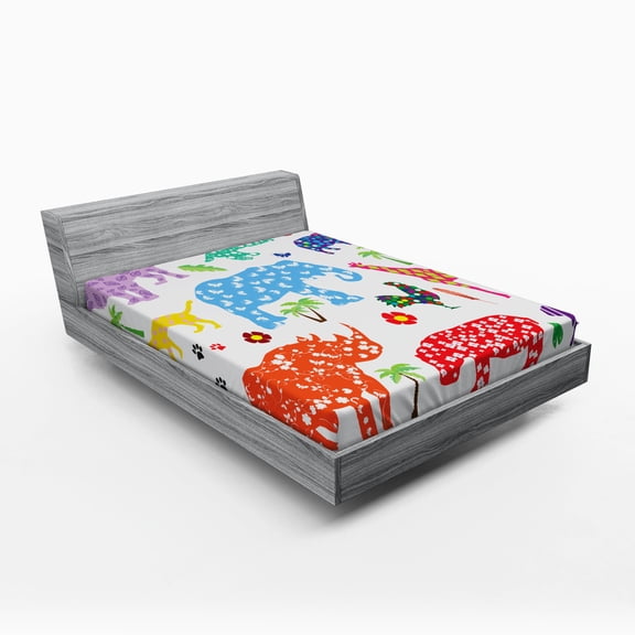 Ambesonne African Fitted Sheet, Wild Animals Floral, Queen Size, Multi
