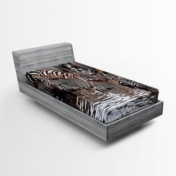 Ambesonne African Fitted Sheet, Zebra Wildebeest Herd, Twin XL Size, White Black Brown