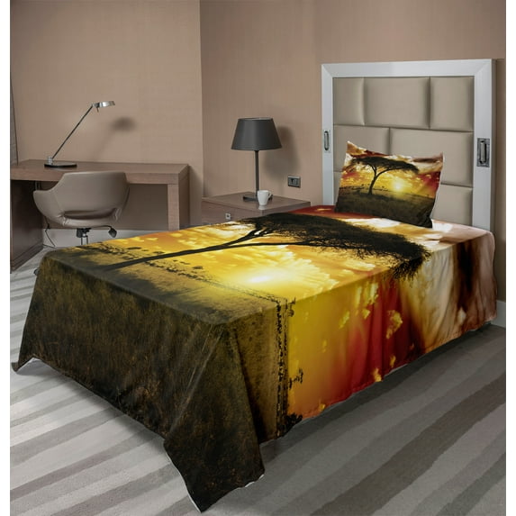 Ambesonne African Fitted & Top Sheet Set with Sham, Sunset in Savannah Animal, White Green Red