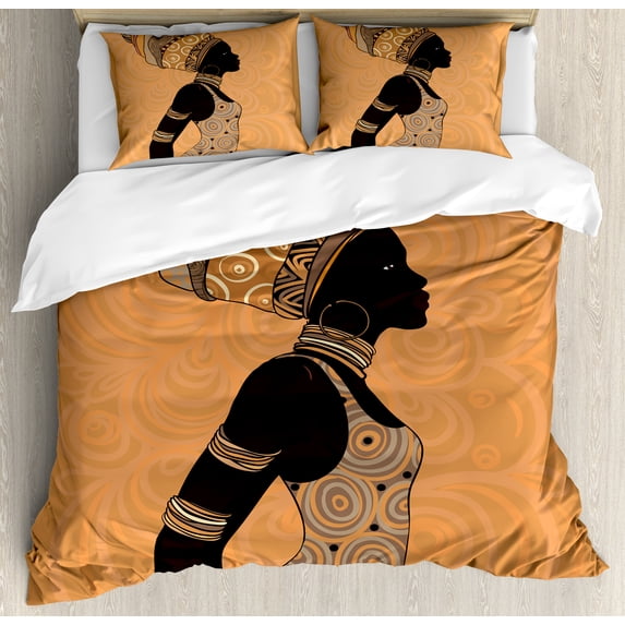 African Woman Queen Size Duvet Cover Set, Indigenous People of Africa Theme Local Woman in Traditional Turban and Dress, Decorative 3 Piece Bedding Set with 2 Pillow Shams, Multicolor, by Ambesonne