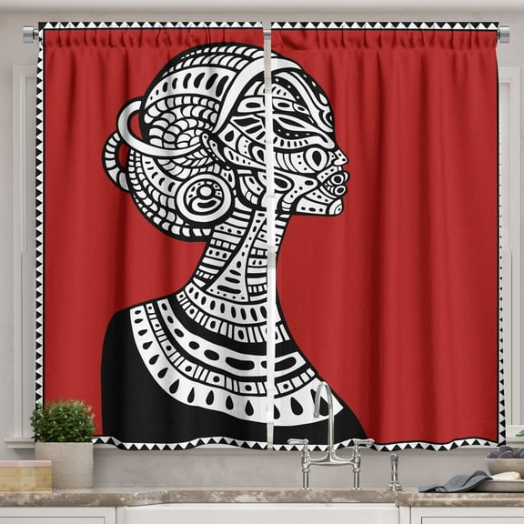 Ambesonne African Kitchen Curtains, Ethno, 55"x39", Ruby Black White