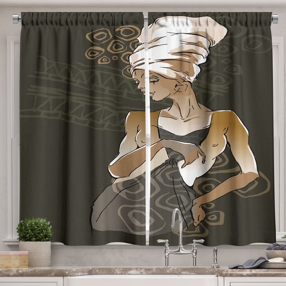 Ambesonne African Kitchen Curtains, Lady in Ethnic Ornaments, 55"x45", Taupe Pale Brown