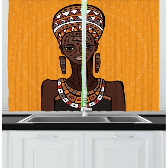 Ambesonne African Kitchen Curtains, Long Neck Folk, 55"x39", Multicolor
