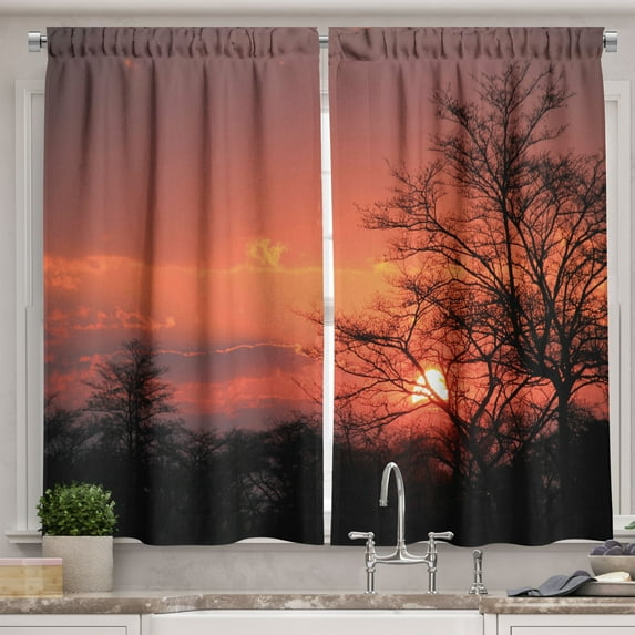 Ambesonne African Kitchen Curtains, Sunset at Kwando River, 55"x45", Coral Orange Black