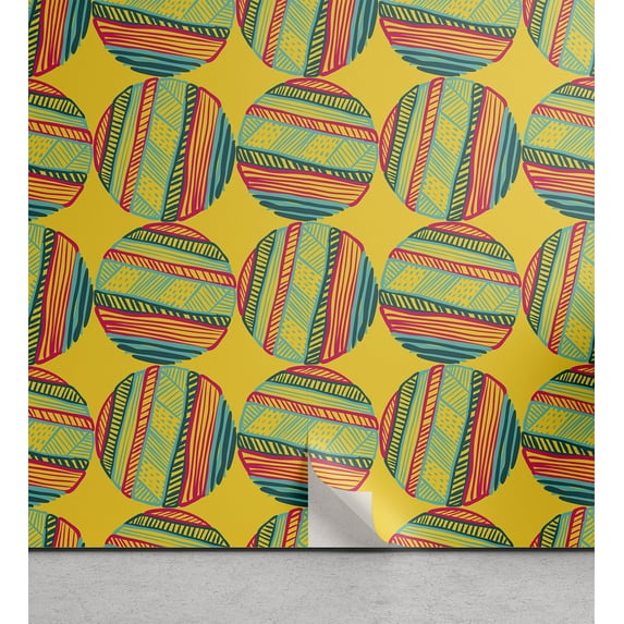 Ambesonne African Peel & Stick Wallpaper for Home, Abstract Ornamental Rounds, 13"x100", Turquoise Magenta and Mustard