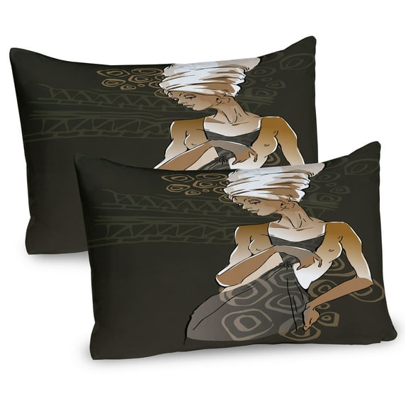 Ambesonne African Pillow Sham 2 Pack, Lady in Ethnic Ornaments, 30"x20", Taupe Pale Brown