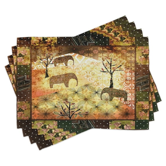 Ambesonne African Place Mats Set of 4, Grunge Elephants Roses, Standard Size, Multicolor
