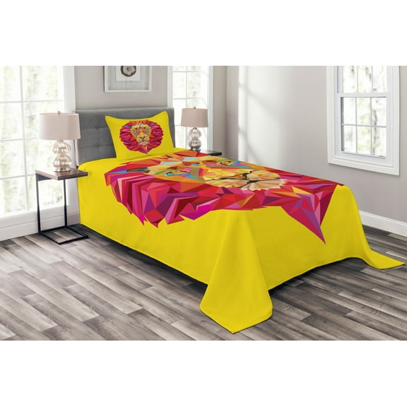 Ambesonne African Quilted Bedspread Set 2 Pcs, Colorful Geometric Lion, Twin Size, Multicolor