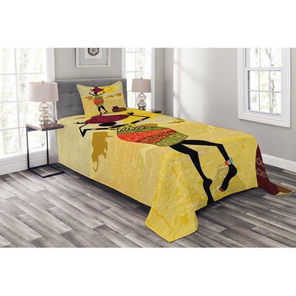 Ambesonne African Quilted Bedspread Set 2 Pcs, Elephants Sun Art, Twin Size, Multicolor
