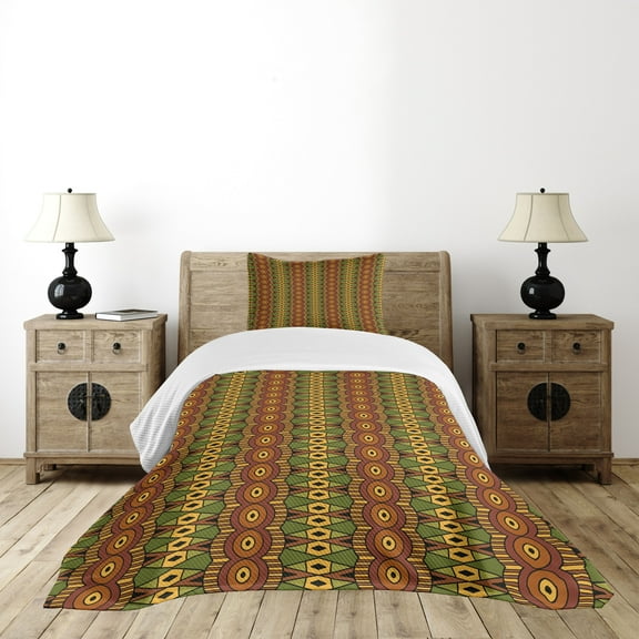 Ambesonne African Quilted Bedspread Set 2 Pcs, Folkloric Vertical Borders, Twin Size, Green Brown Yellow