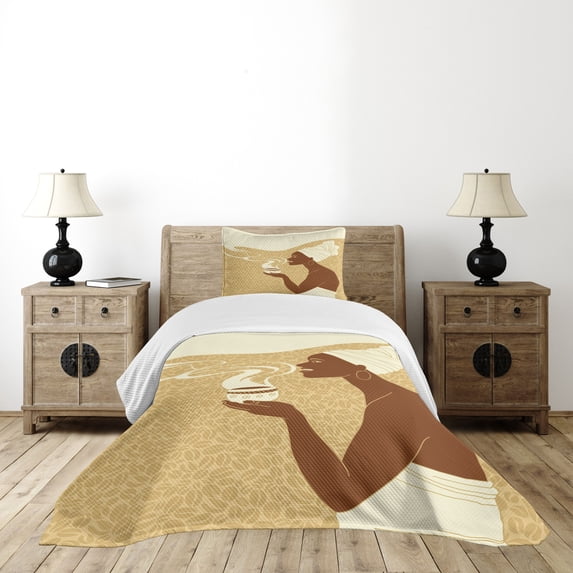 Ambesonne African Quilted Bedspread Set 2 Pcs, Happy Afro Lady, Twin Size, Brown Pale Brown Cream