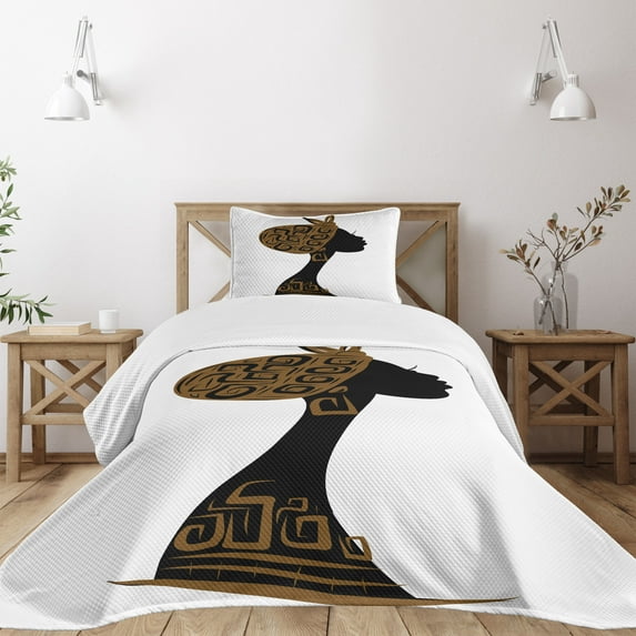 Ambesonne African Quilted Bedspread Set 2 Pcs, Headscarf Profile, Twin Size, Brown Black White