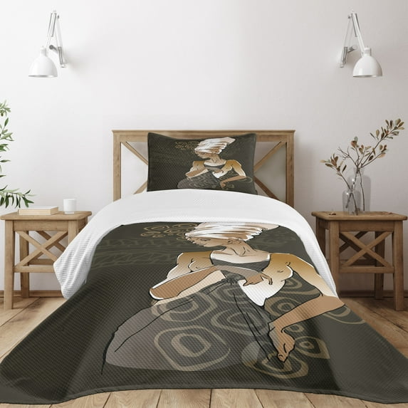 Ambesonne African Quilted Bedspread Set 2 Pcs, Lady in Ethnic Ornaments, Twin Size, Taupe Pale Brown