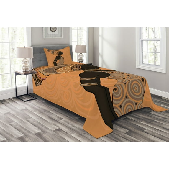 Ambesonne African Quilted Bedspread Set 2 Pcs, Local Woman, Twin Size, Multicolor