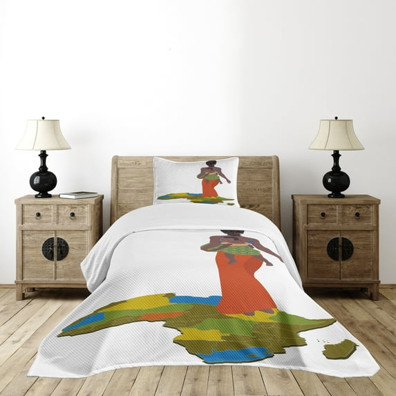 Ambesonne African Quilted Bedspread Set 2 Pcs, Mother Map, Twin Size, Multicolor