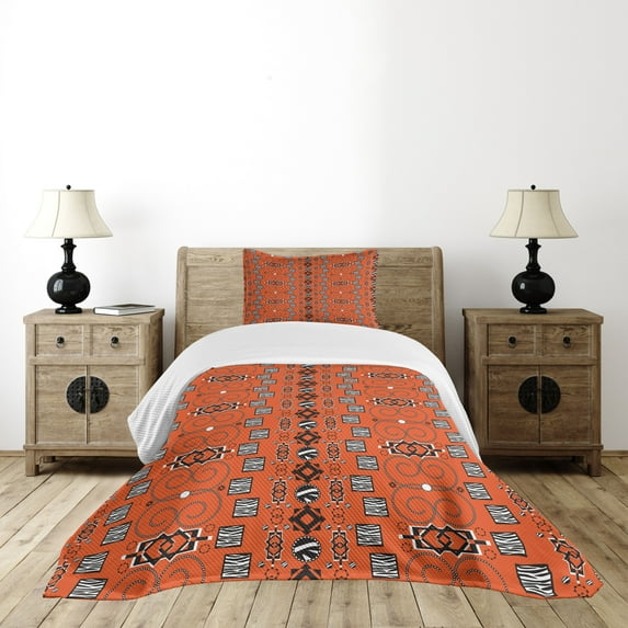 Ambesonne African Quilted Bedspread Set 2 Pcs, Ornaments, Twin Size, Orange Black White