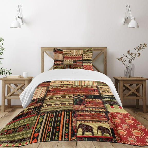 Ambesonne African Quilted Bedspread Set 2 Pcs, Patchwork Style, Twin Size, Red Green Black