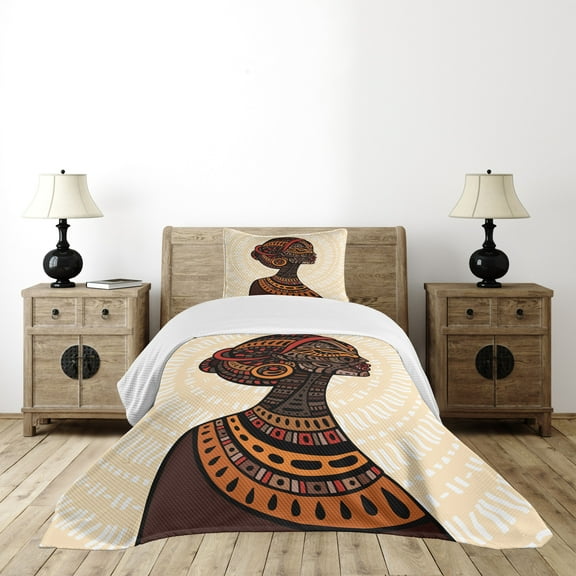 Ambesonne African Quilted Bedspread Set 2 Pcs, Portrait Folk Art, Twin Size, Multicolor