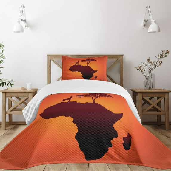 Ambesonne African Quilted Bedspread Set 2 Pcs, Savannah Map with Continent, Twin Size, Orange and Brown